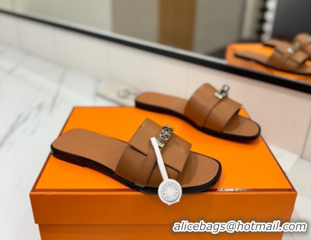 Purchase Hermes Giulia Flat Slides Sandal in Smooth Calfskin with Kelly Buckle Strap Brown 0421057