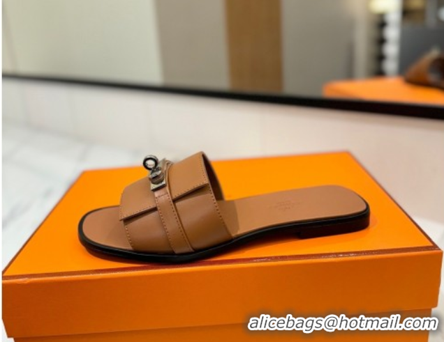 Purchase Hermes Giulia Flat Slides Sandal in Smooth Calfskin with Kelly Buckle Strap Brown 0421057