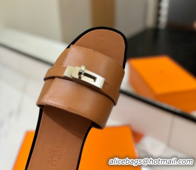 Purchase Hermes Giulia Flat Slides Sandal in Smooth Calfskin with Kelly Buckle Strap Brown 0421057