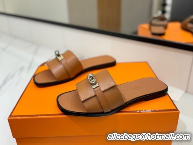 Purchase Hermes Giulia Flat Slides Sandal in Smooth Calfskin with Kelly Buckle Strap Brown 0421057