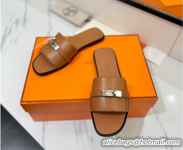 Purchase Hermes Giulia Flat Slides Sandal in Smooth Calfskin with Kelly Buckle Strap Brown 0421057