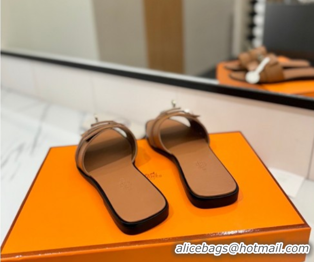 Purchase Hermes Giulia Flat Slides Sandal in Smooth Calfskin with Kelly Buckle Strap Brown 0421057