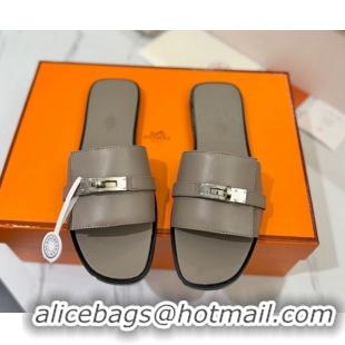 Best Product Hermes Giulia Flat Slides Sandal in Smooth Calfskin with Kelly Buckle Strap Grey 0421058