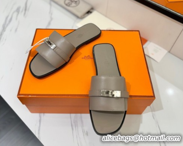 Best Product Hermes Giulia Flat Slides Sandal in Smooth Calfskin with Kelly Buckle Strap Grey 0421058
