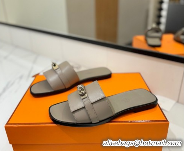 Best Product Hermes Giulia Flat Slides Sandal in Smooth Calfskin with Kelly Buckle Strap Grey 0421058