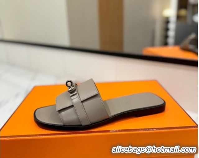 Best Product Hermes Giulia Flat Slides Sandal in Smooth Calfskin with Kelly Buckle Strap Grey 0421058
