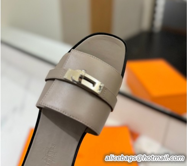 Best Product Hermes Giulia Flat Slides Sandal in Smooth Calfskin with Kelly Buckle Strap Grey 0421058