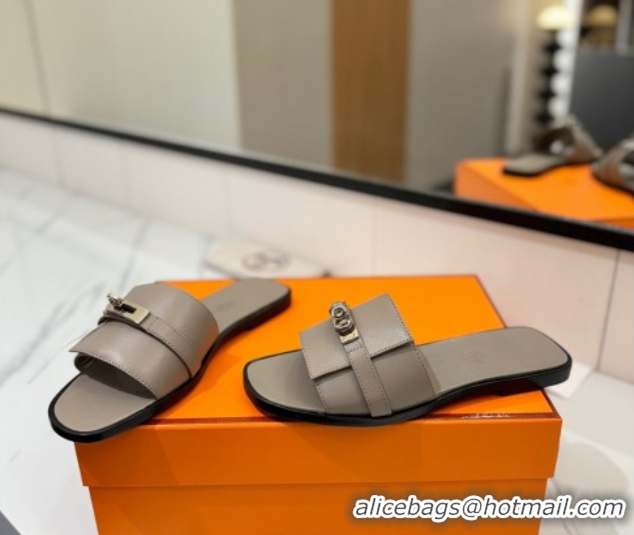 Best Product Hermes Giulia Flat Slides Sandal in Smooth Calfskin with Kelly Buckle Strap Grey 0421058