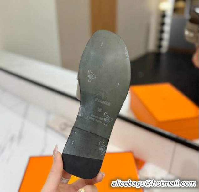 Best Product Hermes Giulia Flat Slides Sandal in Smooth Calfskin with Kelly Buckle Strap Grey 0421058