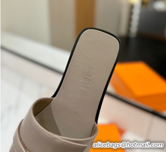 Best Product Hermes Giulia Flat Slides Sandal in Smooth Calfskin with Kelly Buckle Strap Grey 0421058