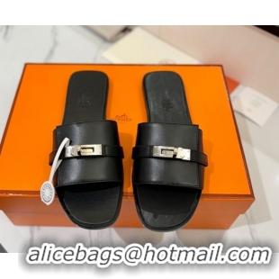 Grade Hermes Giulia Flat Slides Sandal in Smooth Calfskin with Kelly Buckle Strap Black 0421059