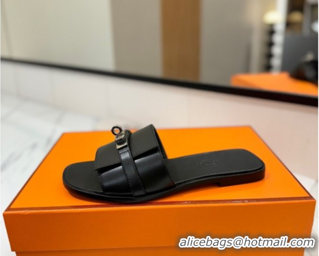 Grade Hermes Giulia Flat Slides Sandal in Smooth Calfskin with Kelly Buckle Strap Black 0421059