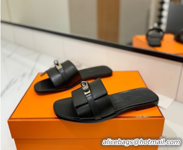 Grade Hermes Giulia Flat Slides Sandal in Smooth Calfskin with Kelly Buckle Strap Black 0421059
