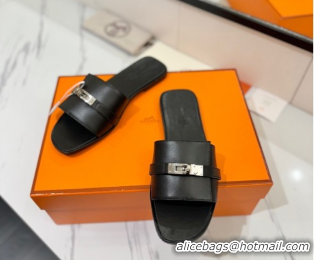 Grade Hermes Giulia Flat Slides Sandal in Smooth Calfskin with Kelly Buckle Strap Black 0421059