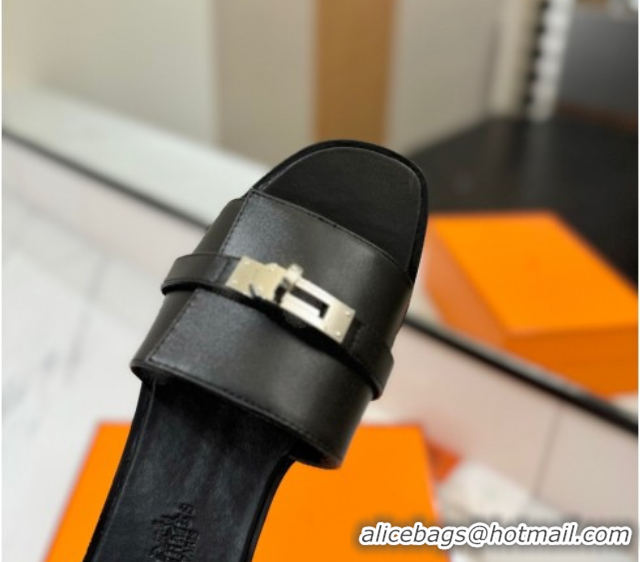 Grade Hermes Giulia Flat Slides Sandal in Smooth Calfskin with Kelly Buckle Strap Black 0421059