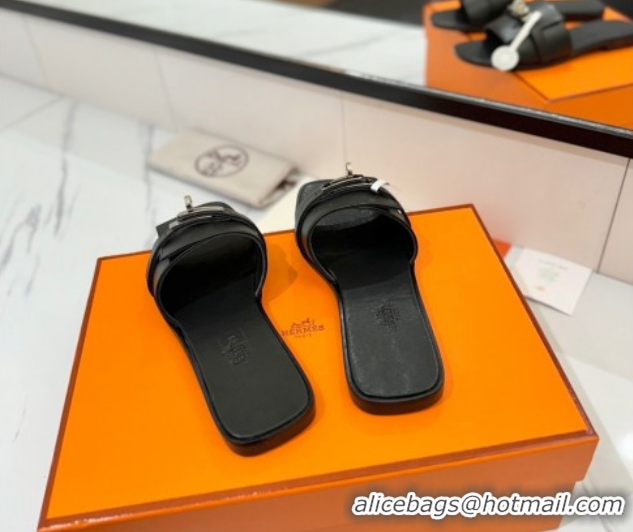 Grade Hermes Giulia Flat Slides Sandal in Smooth Calfskin with Kelly Buckle Strap Black 0421059