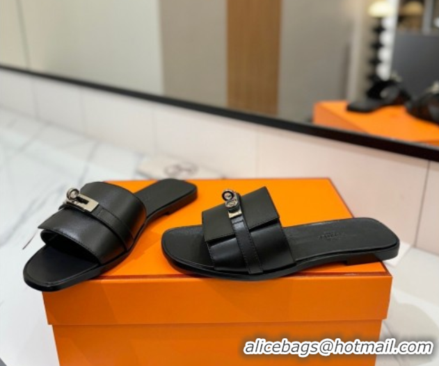 Grade Hermes Giulia Flat Slides Sandal in Smooth Calfskin with Kelly Buckle Strap Black 0421059