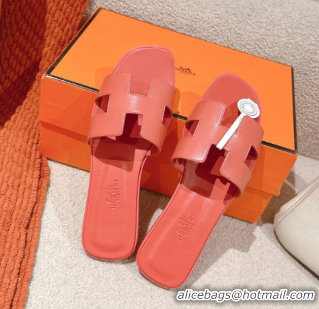 Trendy Design Hermes Oran Classic Flat Slides Sandal in Smooth Calfskin Pink 0421060