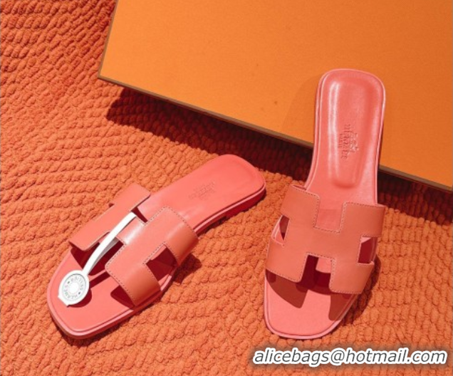Trendy Design Hermes Oran Classic Flat Slides Sandal in Smooth Calfskin Pink 0421060