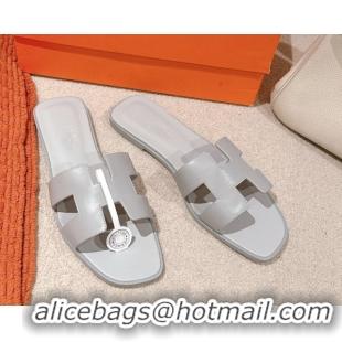 Charming Hermes Oran Classic Flat Slides Sandal in Smooth Calfskin Light Grey 0421061