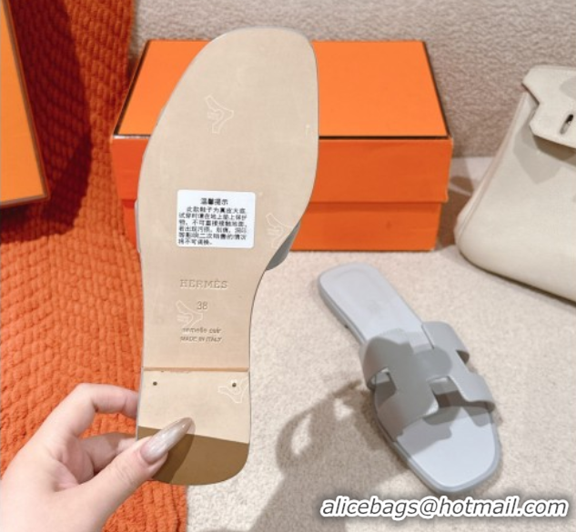 Charming Hermes Oran Classic Flat Slides Sandal in Smooth Calfskin Light Grey 0421061