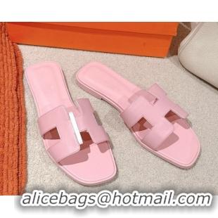 Sophisticated Hermes Oran Classic Flat Slides Sandal in Smooth Calfskin Light Pink 0421062