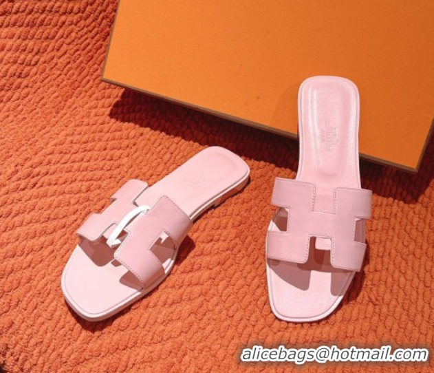 Sophisticated Hermes Oran Classic Flat Slides Sandal in Smooth Calfskin Light Pink 0421062