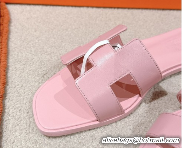 Sophisticated Hermes Oran Classic Flat Slides Sandal in Smooth Calfskin Light Pink 0421062