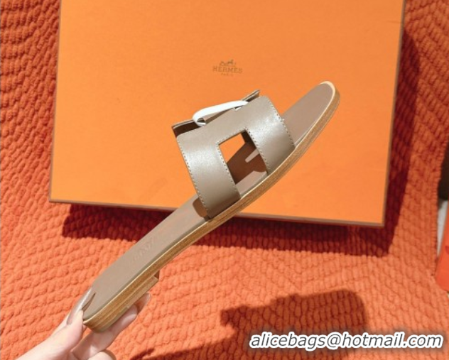 Duplicate Hermes Oran Classic Flat Slides Sandal in Smooth Calfskin Elephant Grey 0421063