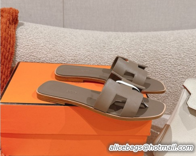 Duplicate Hermes Oran Classic Flat Slides Sandal in Smooth Calfskin Elephant Grey 0421063