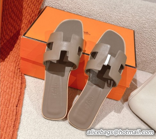 Duplicate Hermes Oran Classic Flat Slides Sandal in Smooth Calfskin Elephant Grey 0421063