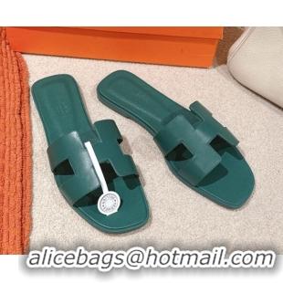 Hot Style Hermes Oran Classic Flat Slides Sandal in Smooth Calfskin Dark Green 0421064