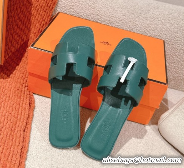 Hot Style Hermes Oran Classic Flat Slides Sandal in Smooth Calfskin Dark Green 0421064