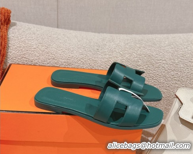 Hot Style Hermes Oran Classic Flat Slides Sandal in Smooth Calfskin Dark Green 0421064