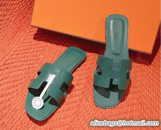 Hot Style Hermes Oran Classic Flat Slides Sandal in Smooth Calfskin Dark Green 0421064
