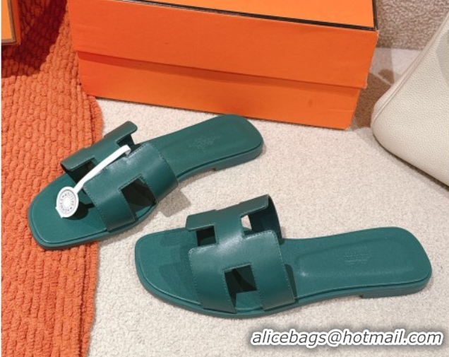 Hot Style Hermes Oran Classic Flat Slides Sandal in Smooth Calfskin Dark Green 0421064