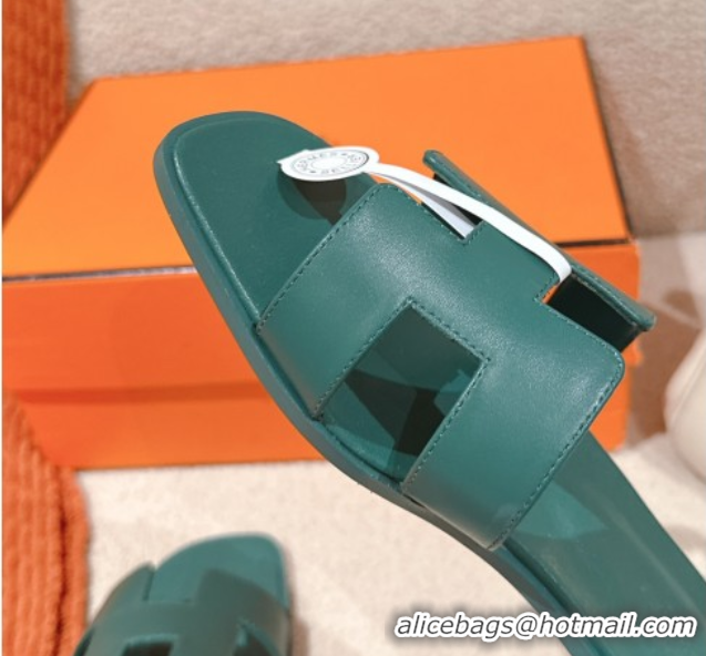 Hot Style Hermes Oran Classic Flat Slides Sandal in Smooth Calfskin Dark Green 0421064