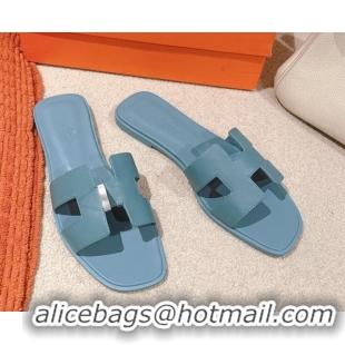 Shop Cheap Hermes Oran Classic Flat Slides Sandal in Smooth Calfskin Light Blue 0421065
