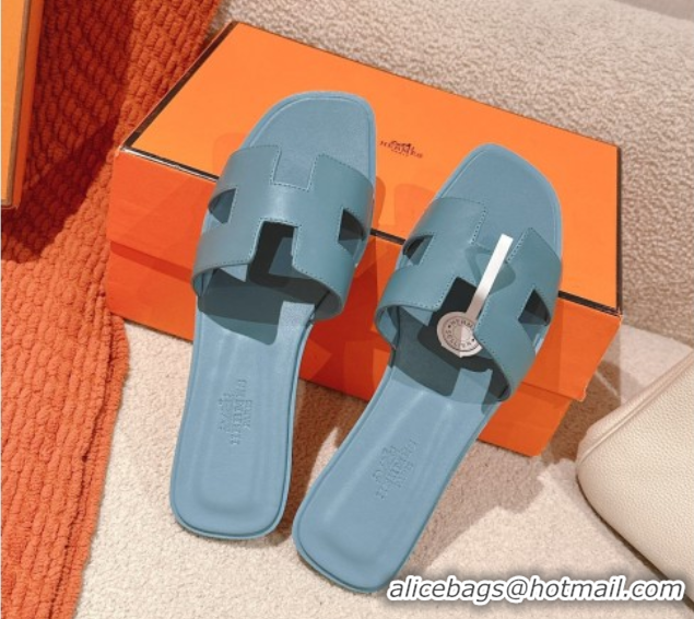 Shop Cheap Hermes Oran Classic Flat Slides Sandal in Smooth Calfskin Light Blue 0421065
