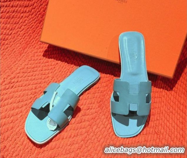 Shop Cheap Hermes Oran Classic Flat Slides Sandal in Smooth Calfskin Light Blue 0421065