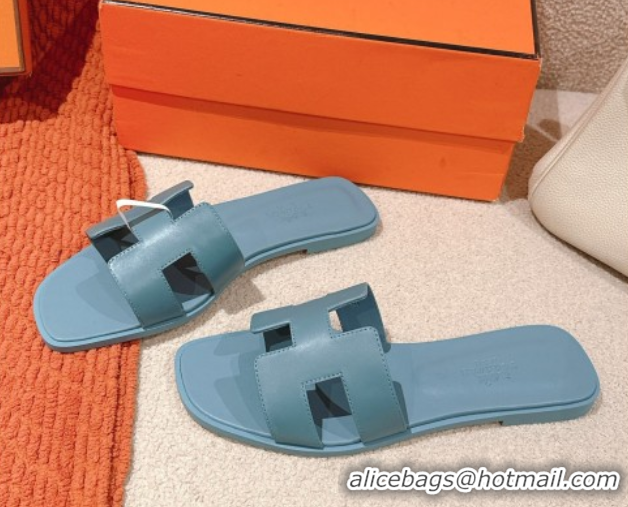 Shop Cheap Hermes Oran Classic Flat Slides Sandal in Smooth Calfskin Light Blue 0421065