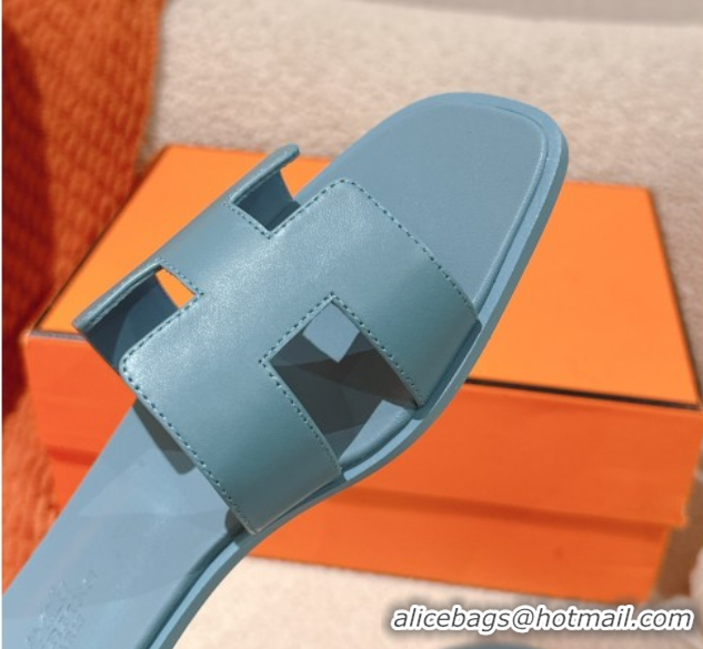 Shop Cheap Hermes Oran Classic Flat Slides Sandal in Smooth Calfskin Light Blue 0421065