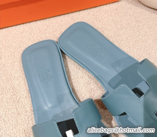 Shop Cheap Hermes Oran Classic Flat Slides Sandal in Smooth Calfskin Light Blue 0421065
