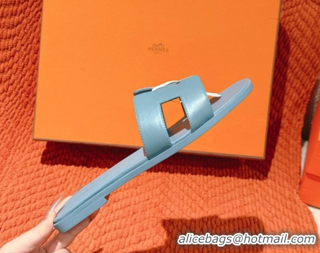 Shop Cheap Hermes Oran Classic Flat Slides Sandal in Smooth Calfskin Light Blue 0421065