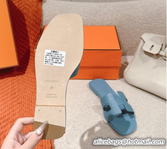 Shop Cheap Hermes Oran Classic Flat Slides Sandal in Smooth Calfskin Light Blue 0421065