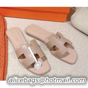 Stylish Hermes Oran Classic Flat Slides Sandal in Smooth Calfskin Nude Pink 0421066