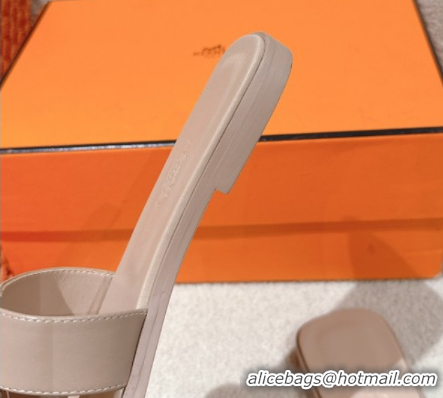 Stylish Hermes Oran Classic Flat Slides Sandal in Smooth Calfskin Nude Pink 0421066