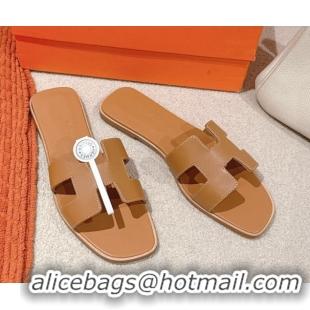 Buy Luxury Hermes Oran Classic Flat Slides Sandal in Smooth Calfskin Light Brown 0421067