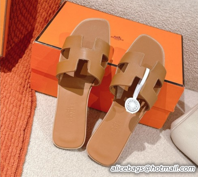Buy Luxury Hermes Oran Classic Flat Slides Sandal in Smooth Calfskin Light Brown 0421067