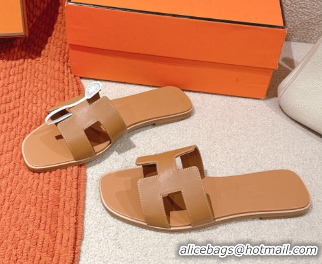 Buy Luxury Hermes Oran Classic Flat Slides Sandal in Smooth Calfskin Light Brown 0421067